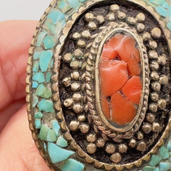 Vintage Statement Ring Tibetan Coral & Turquoise Inlay Handcrafted Tribal Sz6.75 - Picture 8 of 13